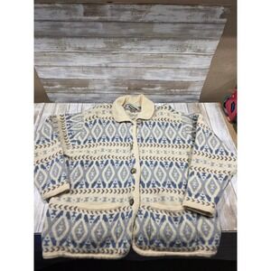 Laura Ashley Vintage Pure‎ Wool Geometric Cardigan Sweater Blue Cream Large